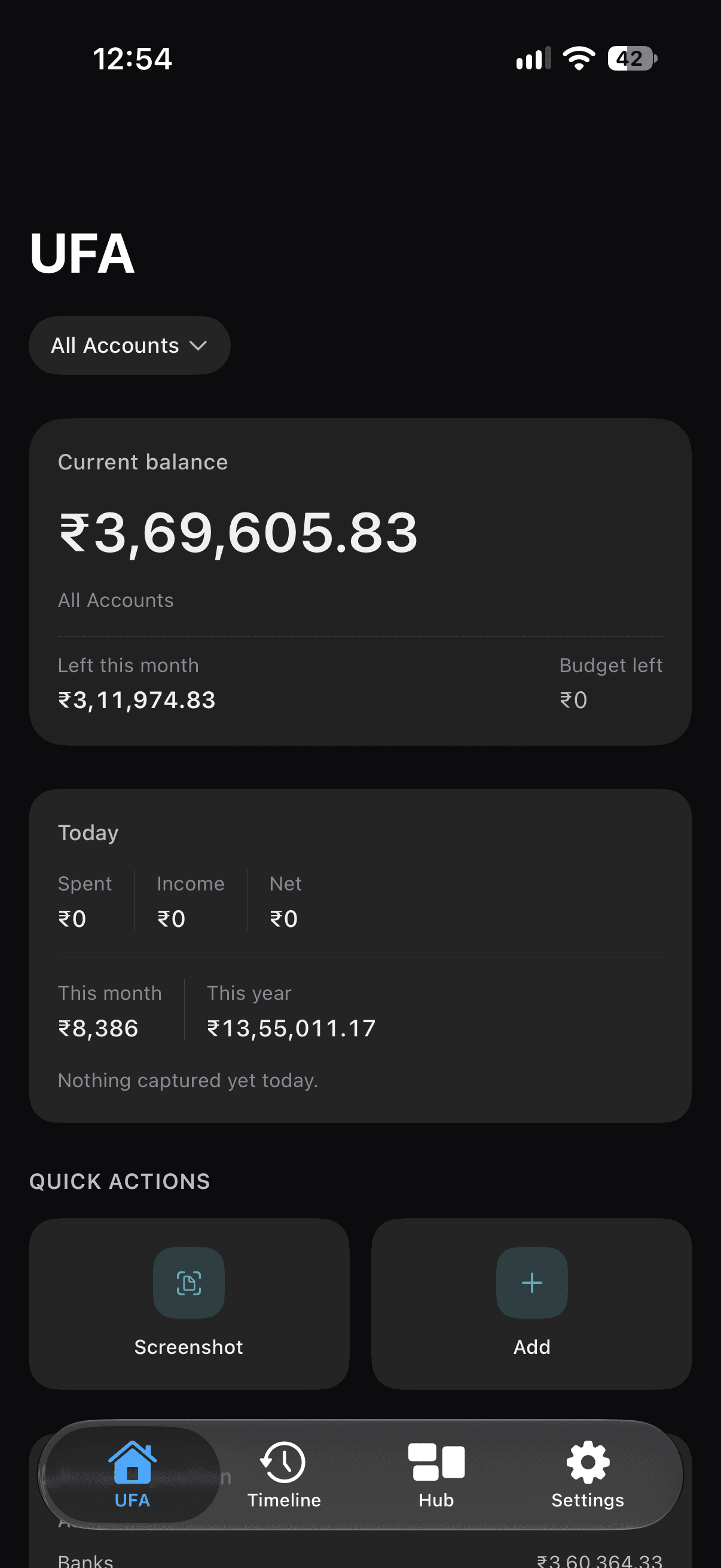 UFA home screen showing current balance across all accounts, today’s spending, and quick actions to add a transaction from a screenshot or by hand.