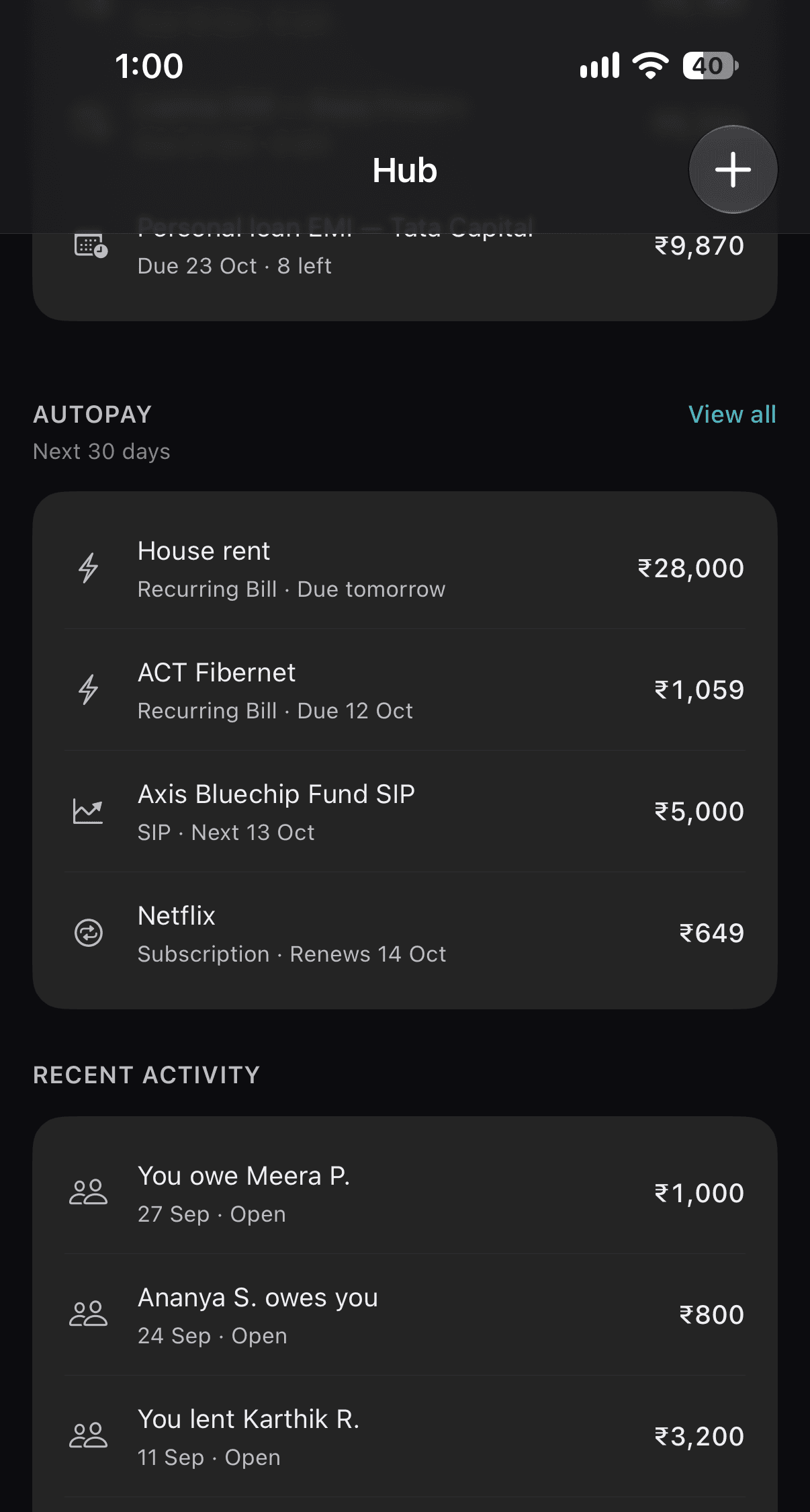 UFA AutoPay list for the next 30 days with rent, broadband, a SIP and a subscription, followed by recent Hub activity.