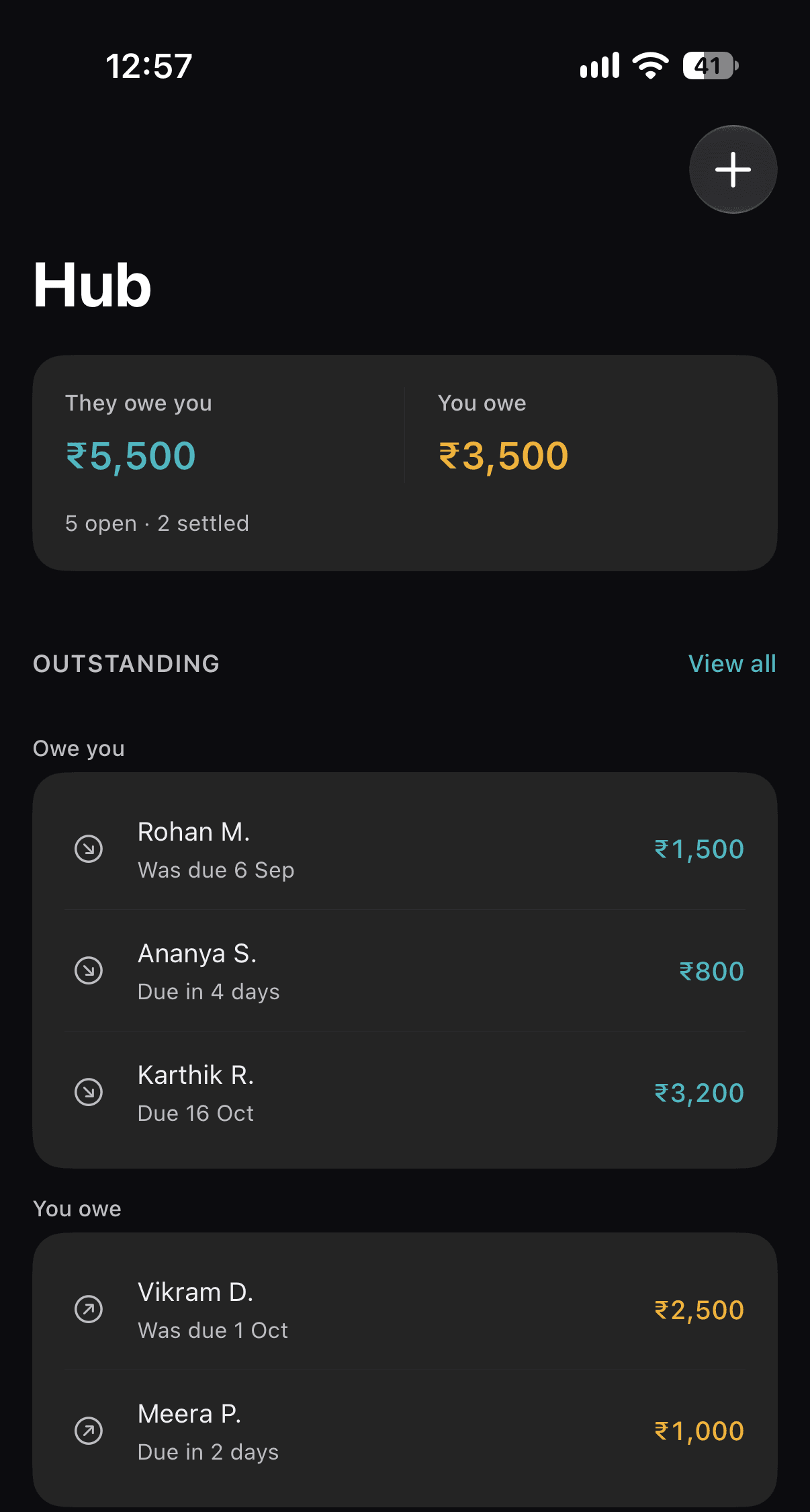 UFA Hub summarising money others owe you and money you owe, with an outstanding list of people and due dates.