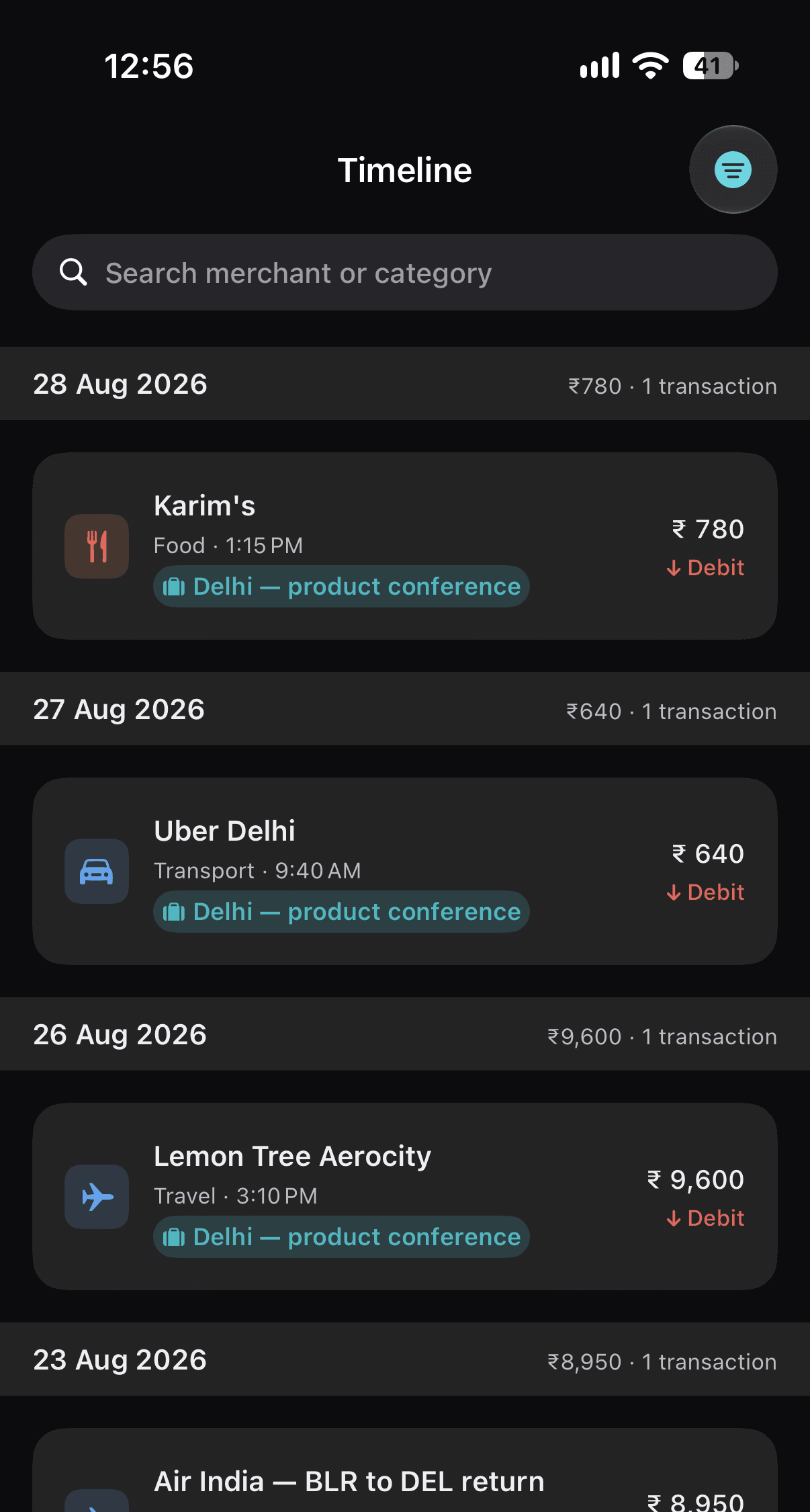 UFA Timeline showing transactions tagged to a Delhi product conference trip.