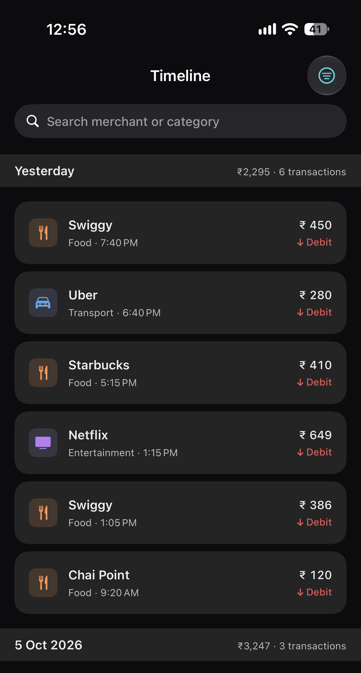 UFA Timeline listing yesterday’s transactions grouped by day, with a search field for merchant or category and a filter button.