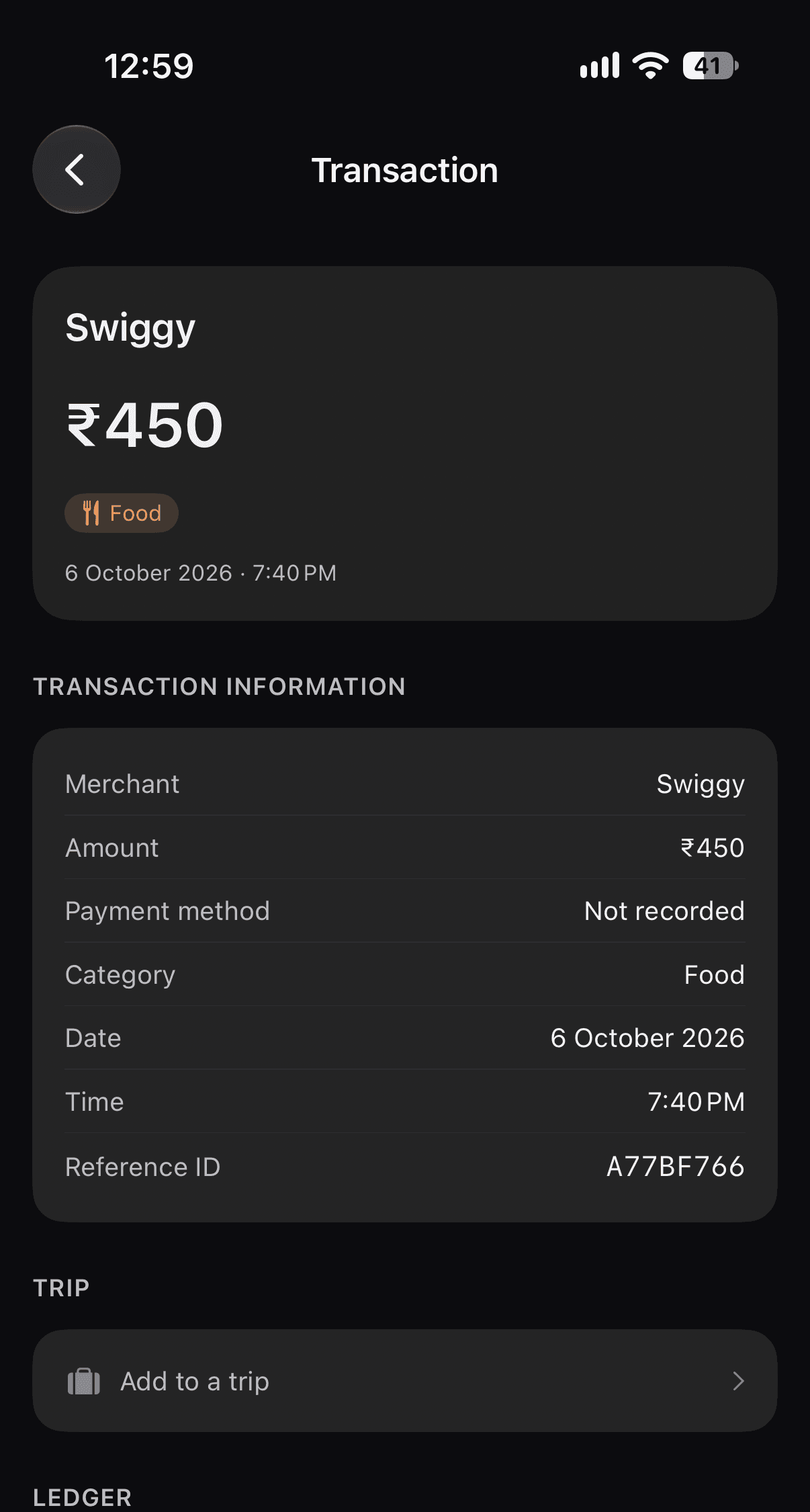 A saved Swiggy transaction in UFA showing merchant, amount, payment method, Food category, date, time and reference ID.